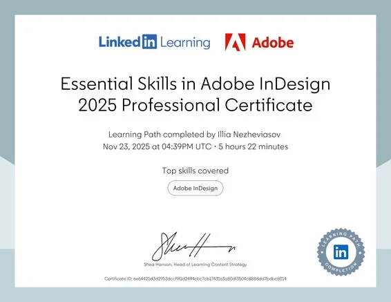 LinkedIn Learning & Adobe – Essential Skills in Adobe InDesign 2025 Professional Certificate (Top skills: Adobe InDesign)